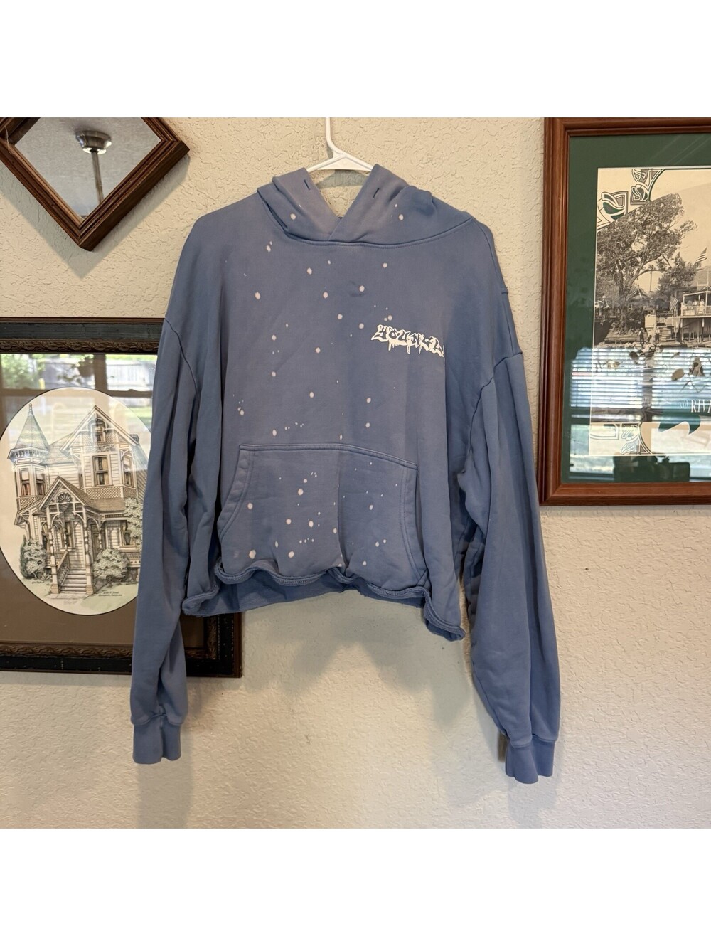 YoungLA Blue Splatter Cropped Designer Pullover Hoodie with Bleach Size Medium